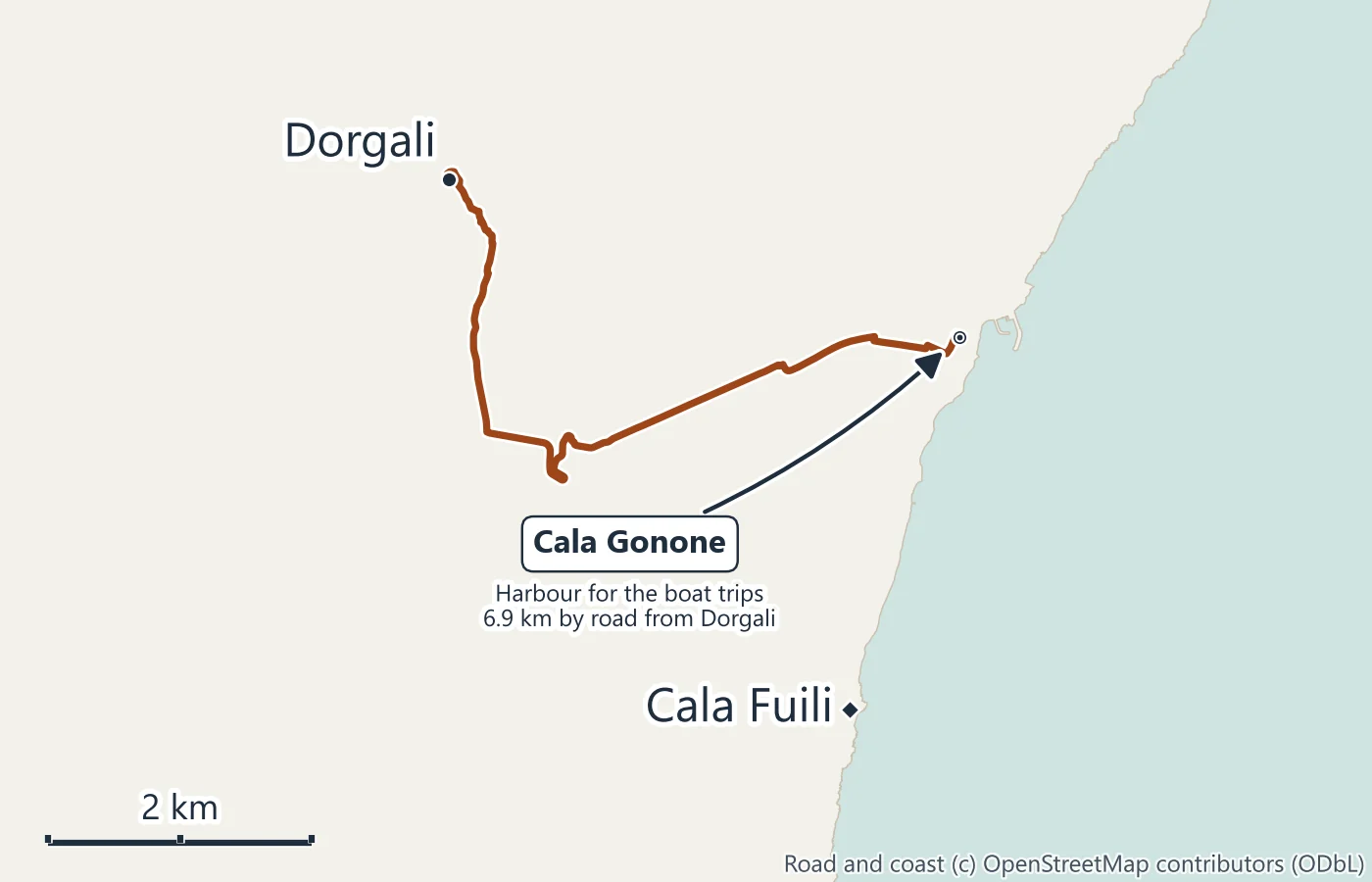 Map of Cala Gonone on the coast and Dorgali inland, with the road between them and Cala Fuili to the south