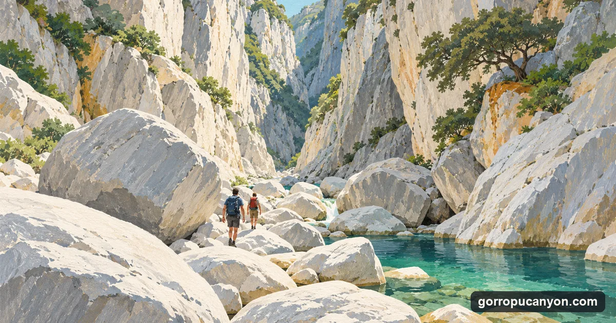 Illustration: two hikers seen from behind walking between towering white limestone walls on a bed of pale boulders