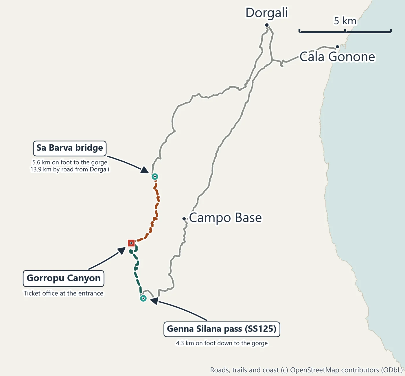Map of the Gorropu Canyon trailheads: the Sa Barva bridge on the Dorgali side and the Genna Silana pass on the SS125, with the walking routes to the gorge entrance