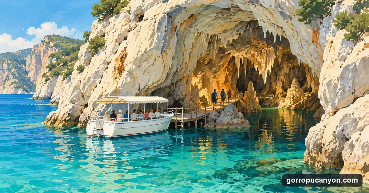 Illustration: a boat at the entrance to the Grotta del Bue Marino, visitors on a walkway inside among stalactites and a still underground lake