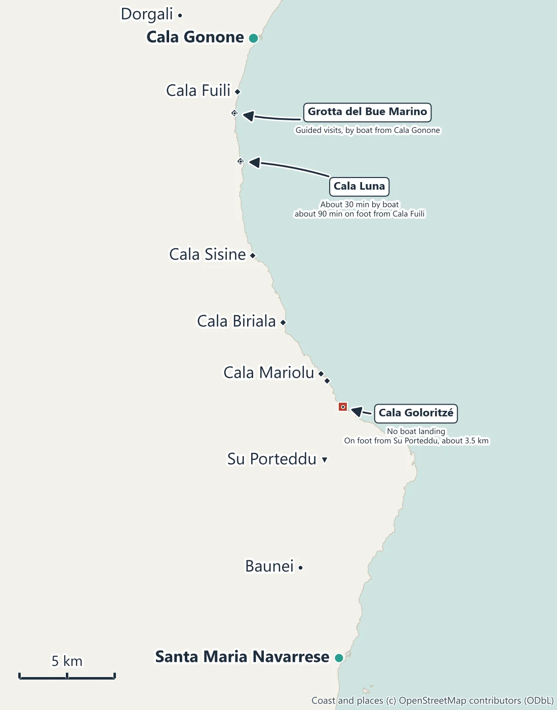 Map of the Gulf of Orosei coves from Cala Gonone south to Cala Goloritzé, with Su Porteddu, Baunei and Santa Maria Navarrese
