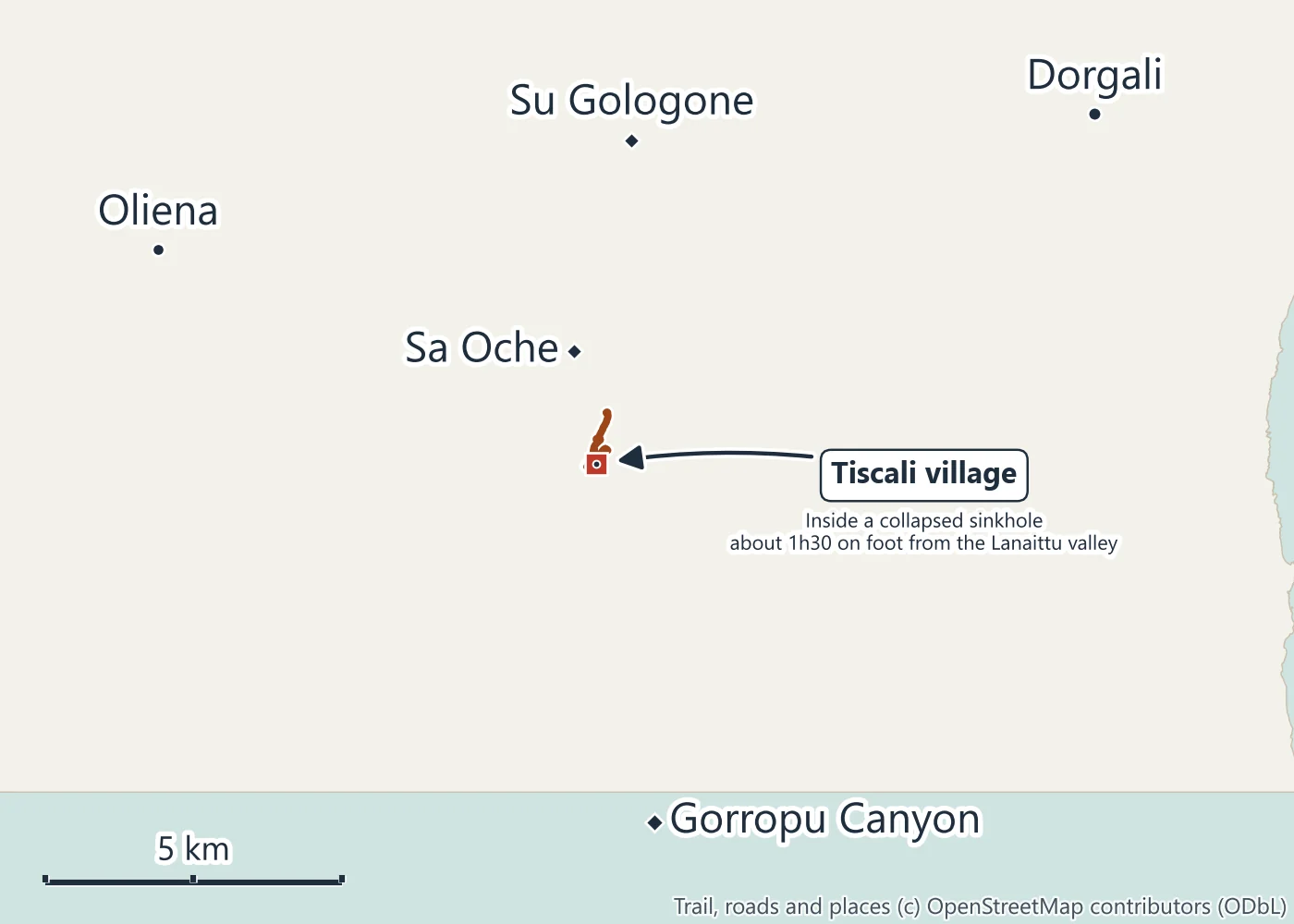 Map of the Lanaittu valley with Tiscali, Sa Oche, Su Gologone, Oliena and Dorgali, and Gorropu Canyon to the south
