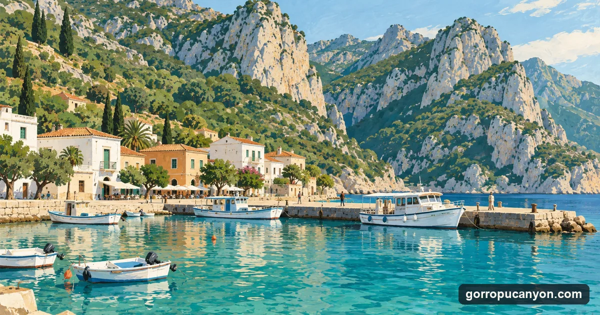 Illustration: the small harbour at Cala Gonone in the early morning, dinghies moored below steep limestone mountains